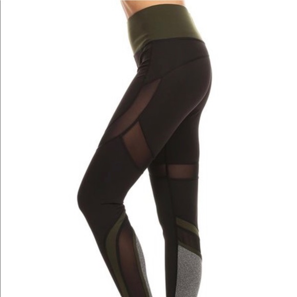 OLIVE MULTI MESH PANEL WORKOUT LEGGINGS - Picture 2 of 5